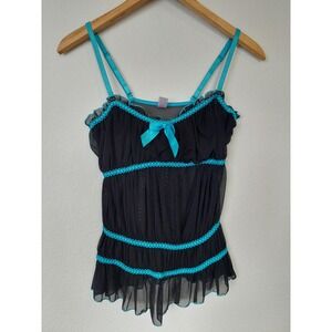 Y2K Popsi Lingerie Sheer Mesh Tiered Cami Turquoise Lace Trim Size Medium